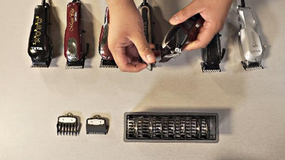 Professional hair clipper accessories in organized display
