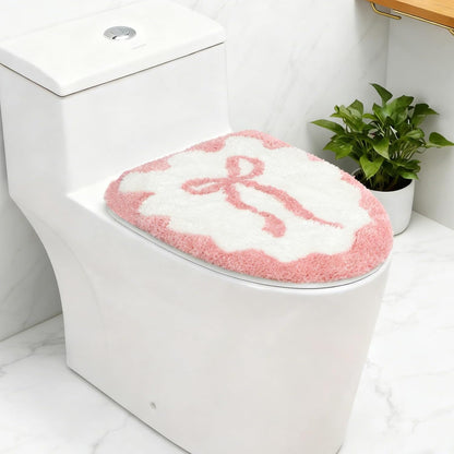 Mamrug pink bow toilet seat cover front view showcasing the coquette style bathroom decor.