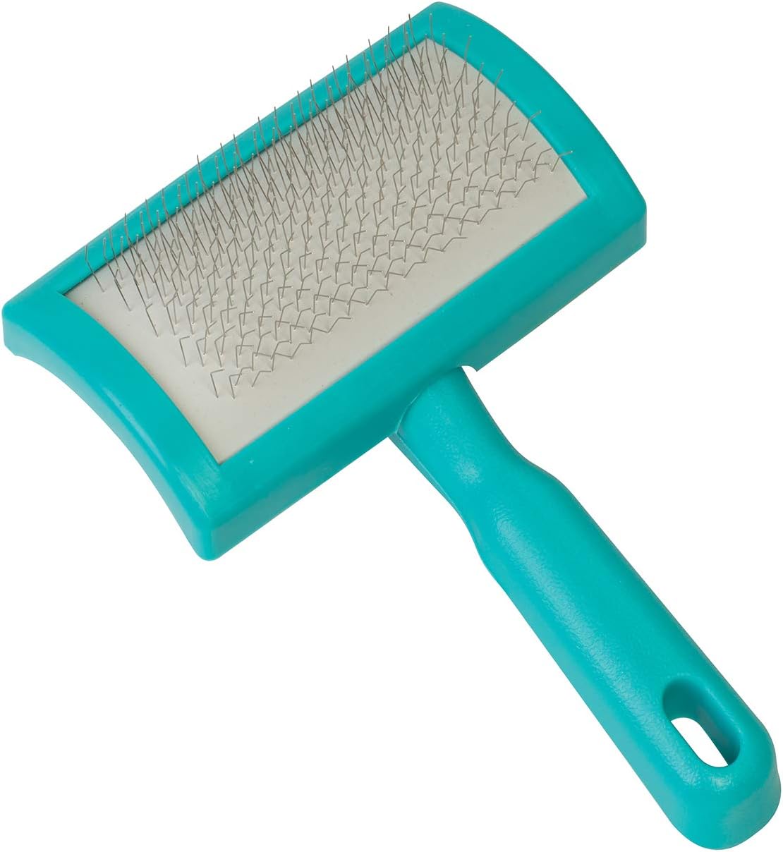Weaver Livestock self cleaning slicker brush in teal color showing front view of stainless steel pins