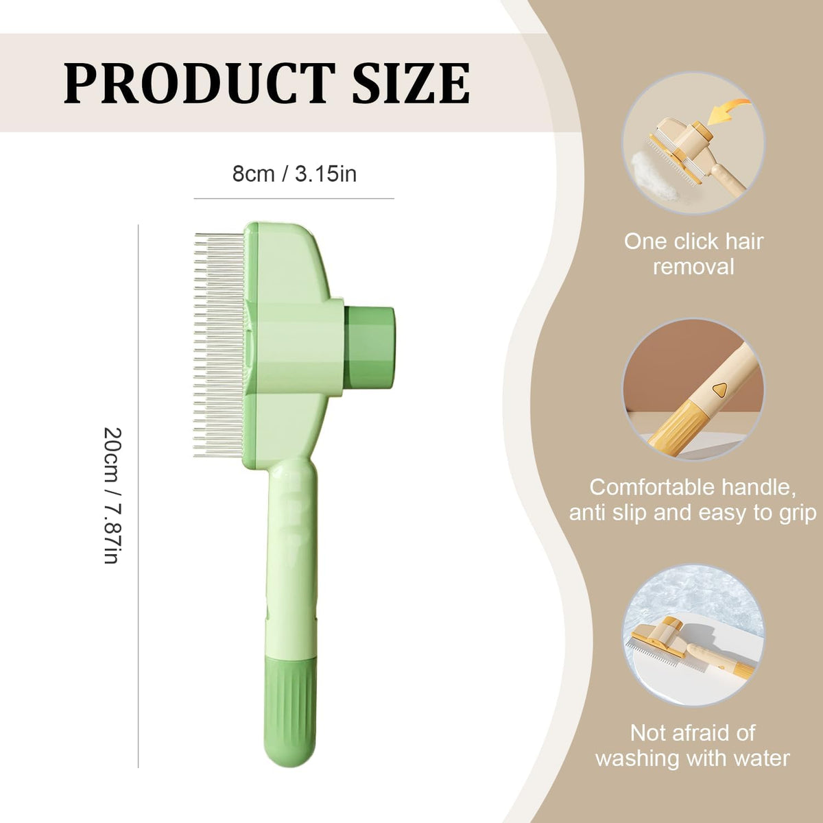 Close up of Holyenten self-cleaning button on pet grooming brush