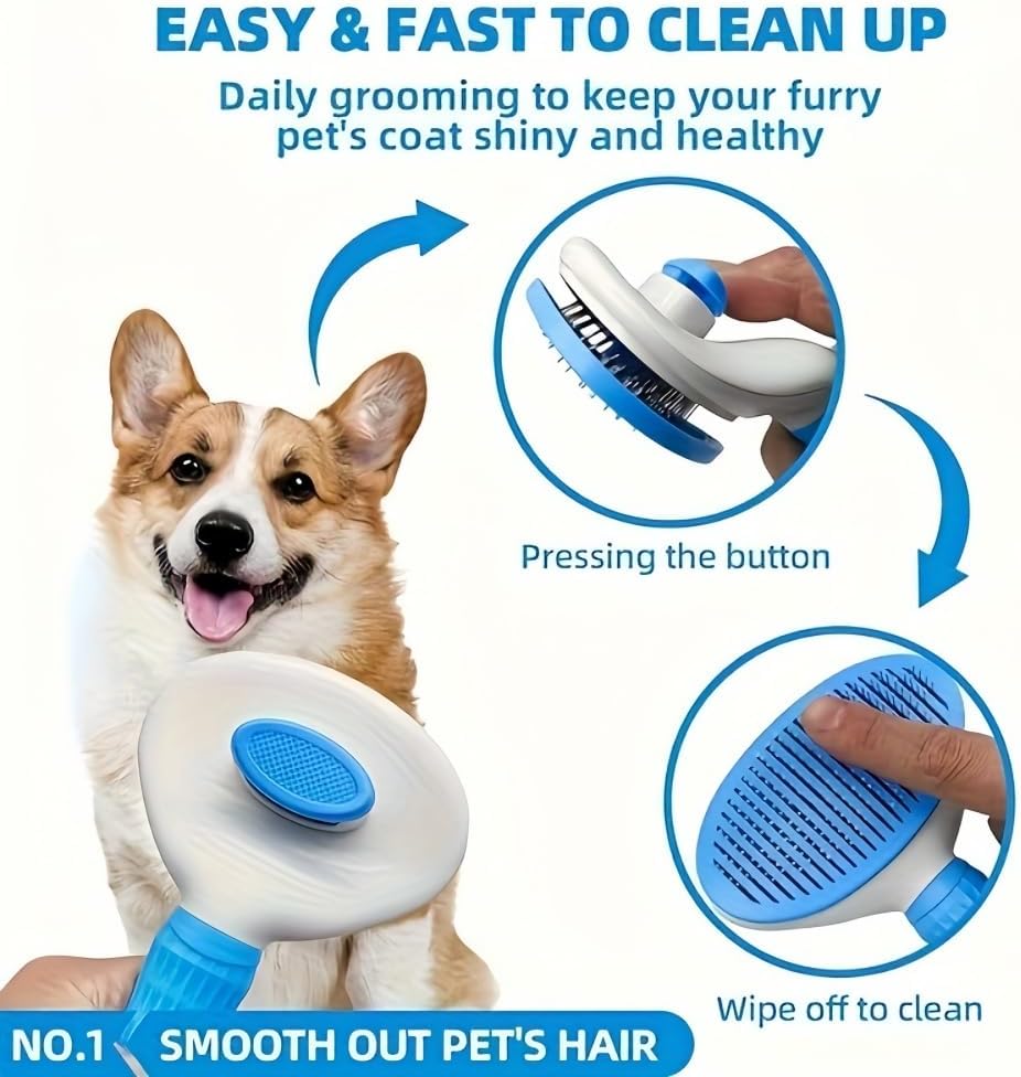 JRKOETY blue and white self cleaning pet brush angled view showcasing the durable construction