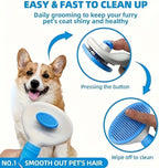 JRKOETY blue and white self cleaning pet brush angled view showcasing the durable construction