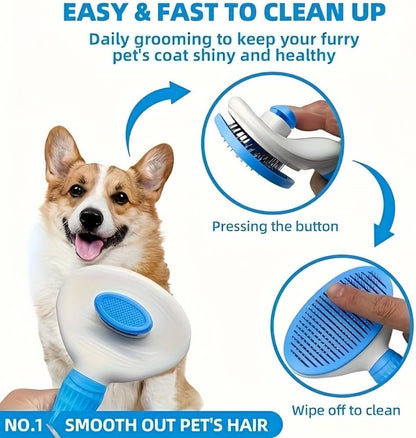 JRKOETY blue and white self cleaning pet brush angled view showcasing the durable construction