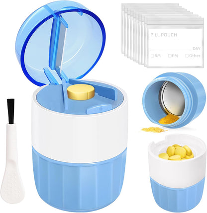 Fullicon 3 in 1 pill crusher cutter indigo blue front view showcasing compact ergonomic design.