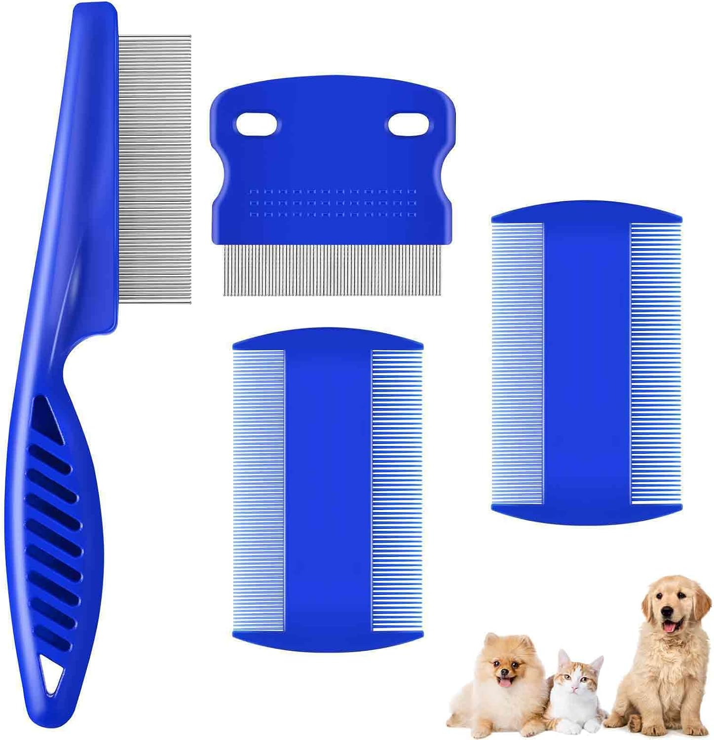 4 Pack Dog Grooming Comb, Pet Flea Lice Combs, Stainless Steel Cat Combs with Rounded Teeth, Double Sided Professional Pet Tear Stain Remover, Dematting Tool for Small, Medium & Large Pets - Image 1