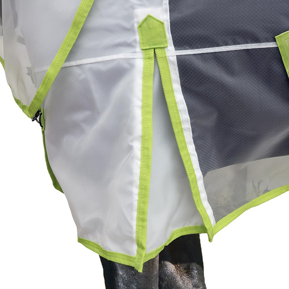 Side view of the lightweight horse fly sheet showing the adjustable belly surcingles and secure fit system.