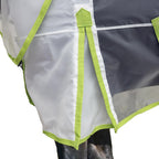 Side view of the lightweight horse fly sheet showing the adjustable belly surcingles and secure fit system.