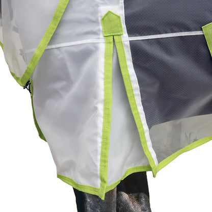 Side view of the lightweight horse fly sheet showing the adjustable belly surcingles and secure fit system.