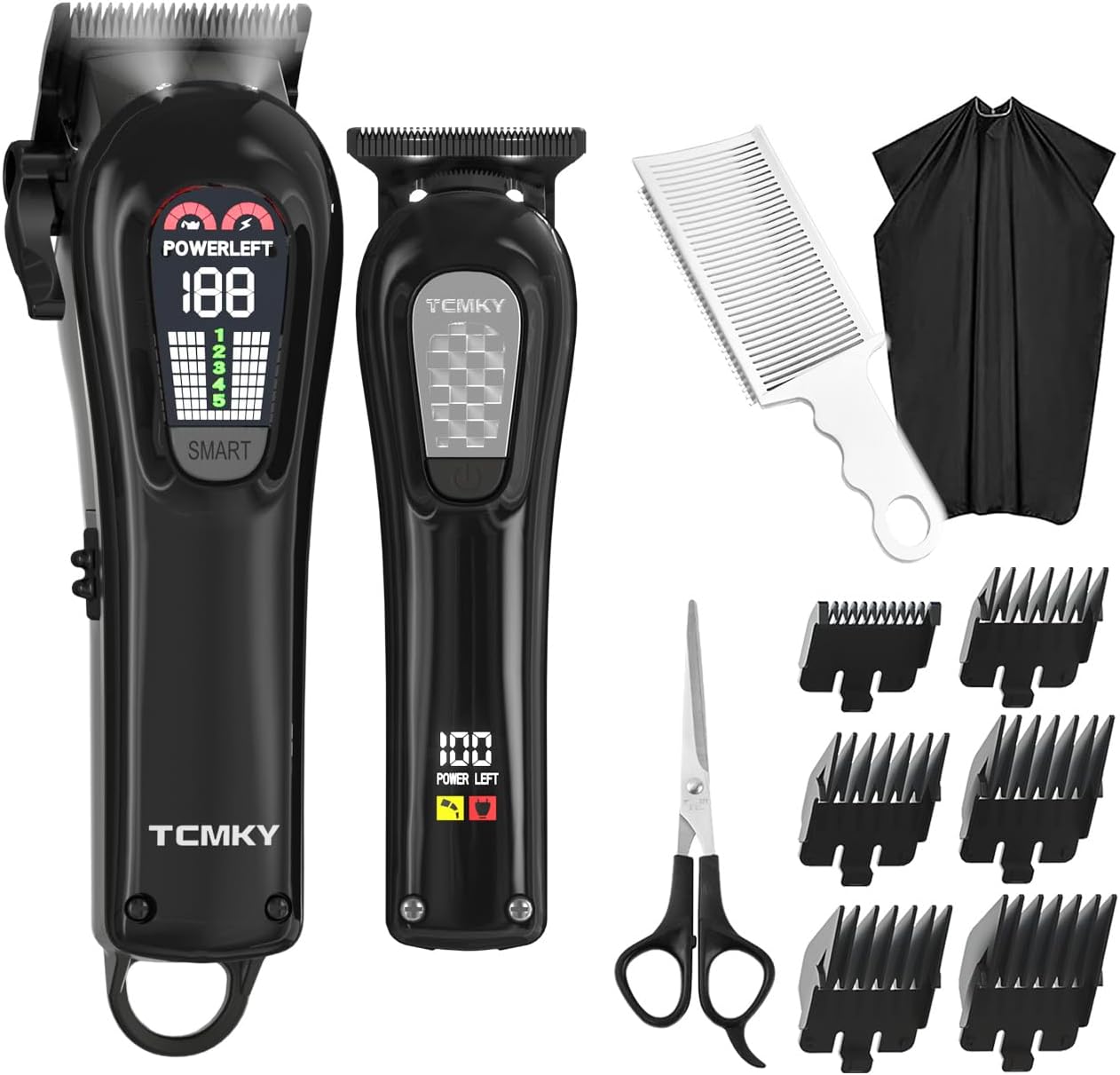 TCMKY Professional Cordless Hair Clippers front view showing the sleek black finish and premium dual grooming devices.