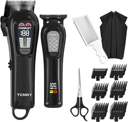 TCMKY Professional Cordless Hair Clippers front view showing the sleek black finish and premium dual grooming devices.