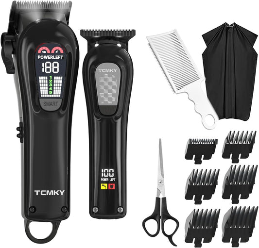 TCMKY Professional Cordless Hair Clippers front view showing the sleek black finish and premium dual grooming devices.