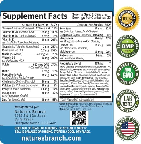 Nature's Branch 40-in-1 brain booster bottle displayed alongside wellness elements