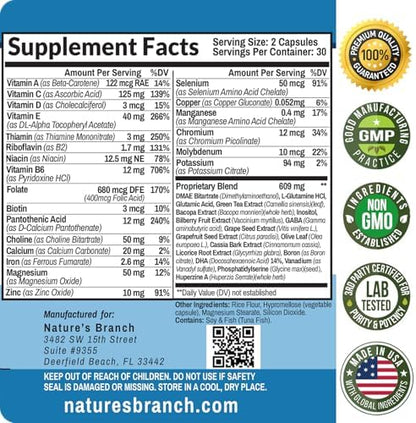 Nature's Branch 40-in-1 Brain Booster Supplement cognitive support capsules displaying premium mind health blend for men and women.