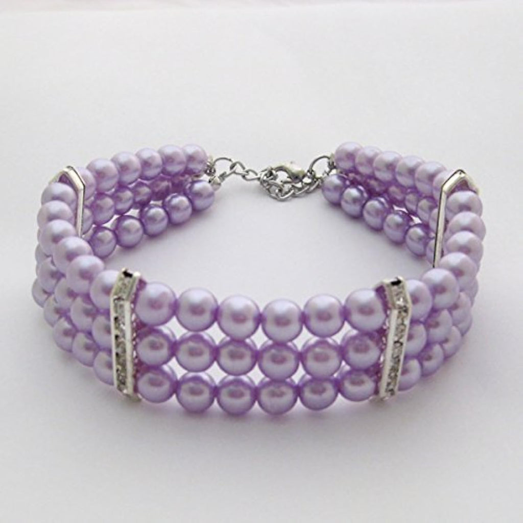 PetFavorites fancy three row pearl dog necklace collar purple front view rhinestone pet jewelry