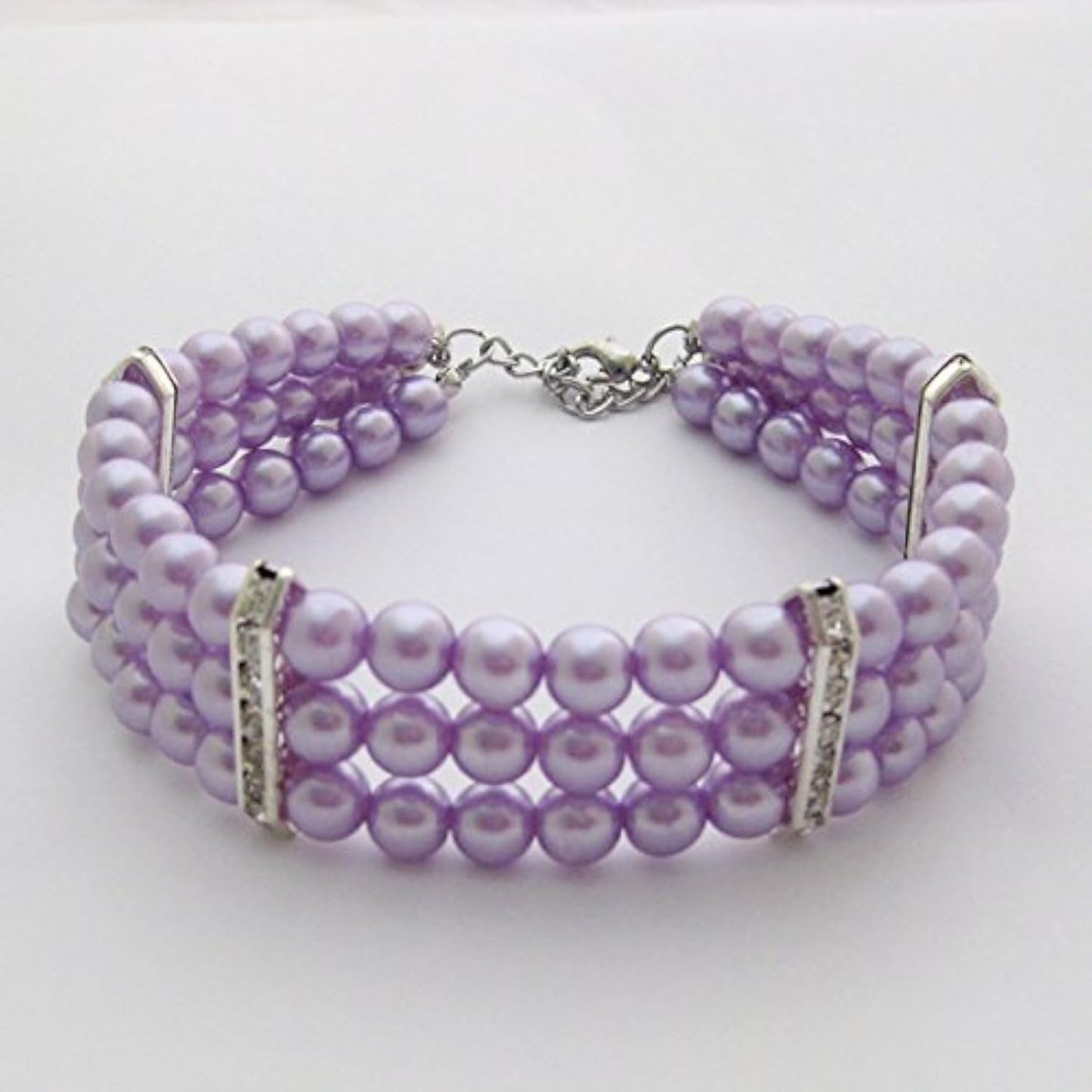 PetFavorites fancy three row pearl dog necklace collar purple front view rhinestone pet jewelry