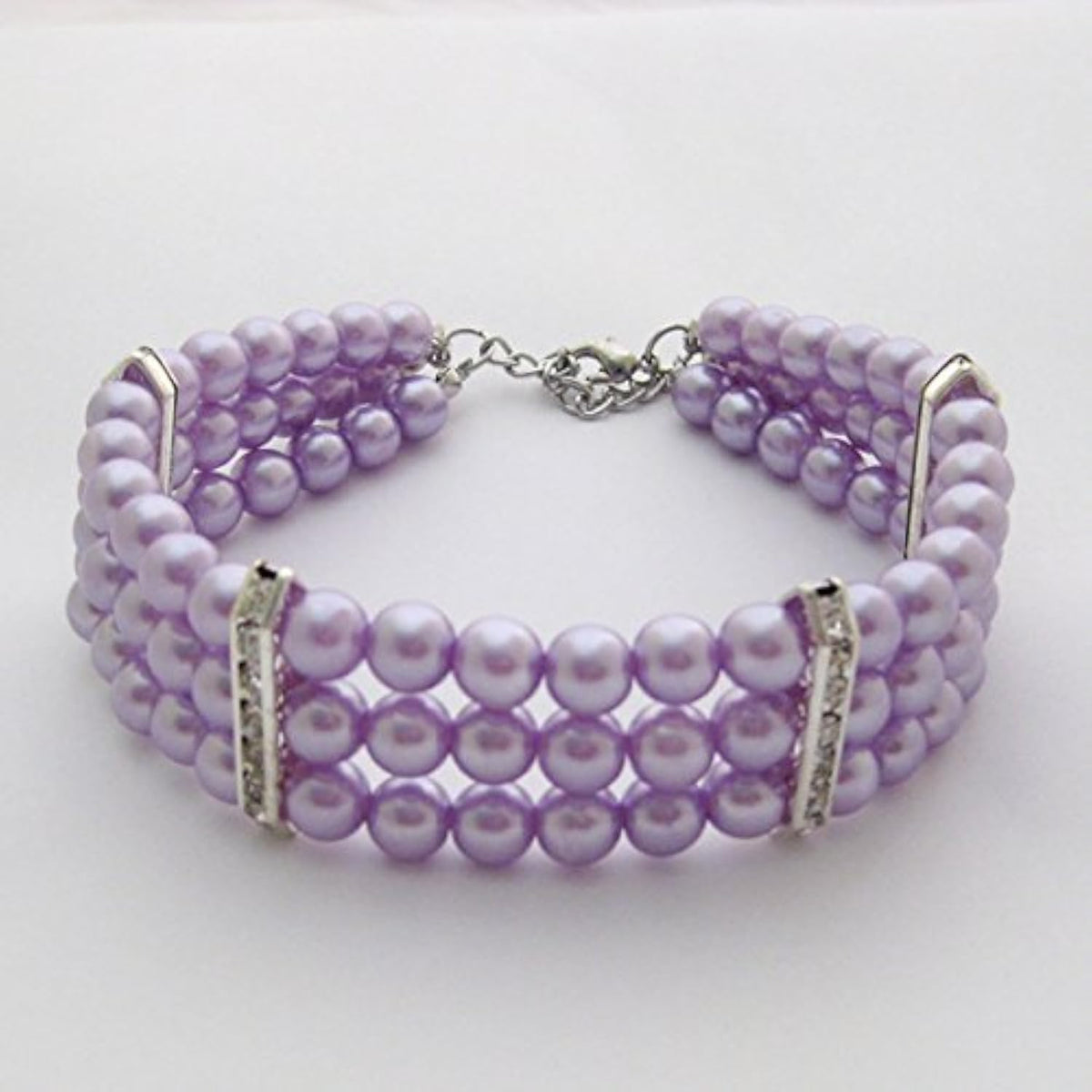 PetFavorites fancy three row pearl dog necklace collar purple front view rhinestone pet jewelry