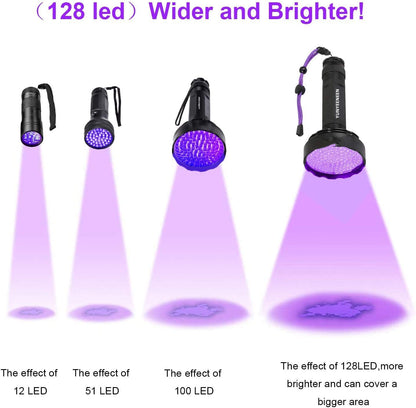 High intensity blacklight torch illuminating hidden dog and cat stains on home flooring.