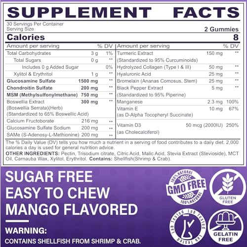 Glucosamine Chondroitin Gummies, Sugar Free Glucosamine Chondroitin MSM Supplement, Extra Strength with Boswellia Turmeric, Hydrolyzed Collagen & Hyaluronic Acid, Bone Health for Men & Women, 120 Cts - Image 3