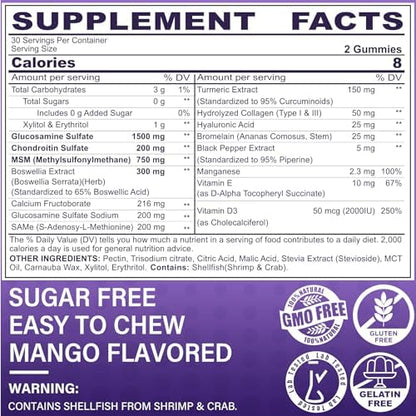 Glucosamine Chondroitin Gummies, Sugar Free Glucosamine Chondroitin MSM Supplement, Extra Strength with Boswellia Turmeric, Hydrolyzed Collagen & Hyaluronic Acid, Bone Health for Men & Women, 120 Cts - Image 3