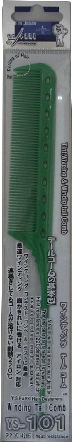 YS Park 101 Winding Tail Comb Green front view showing professional heat resistant teeth