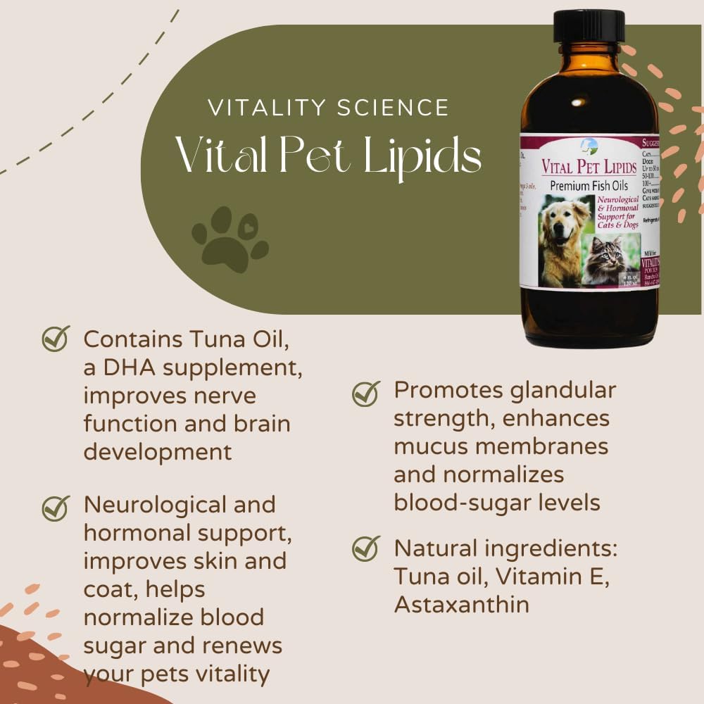Vitality Science Vital Pet Lipids liquid omega supplement dropper close up for easy pet administration
