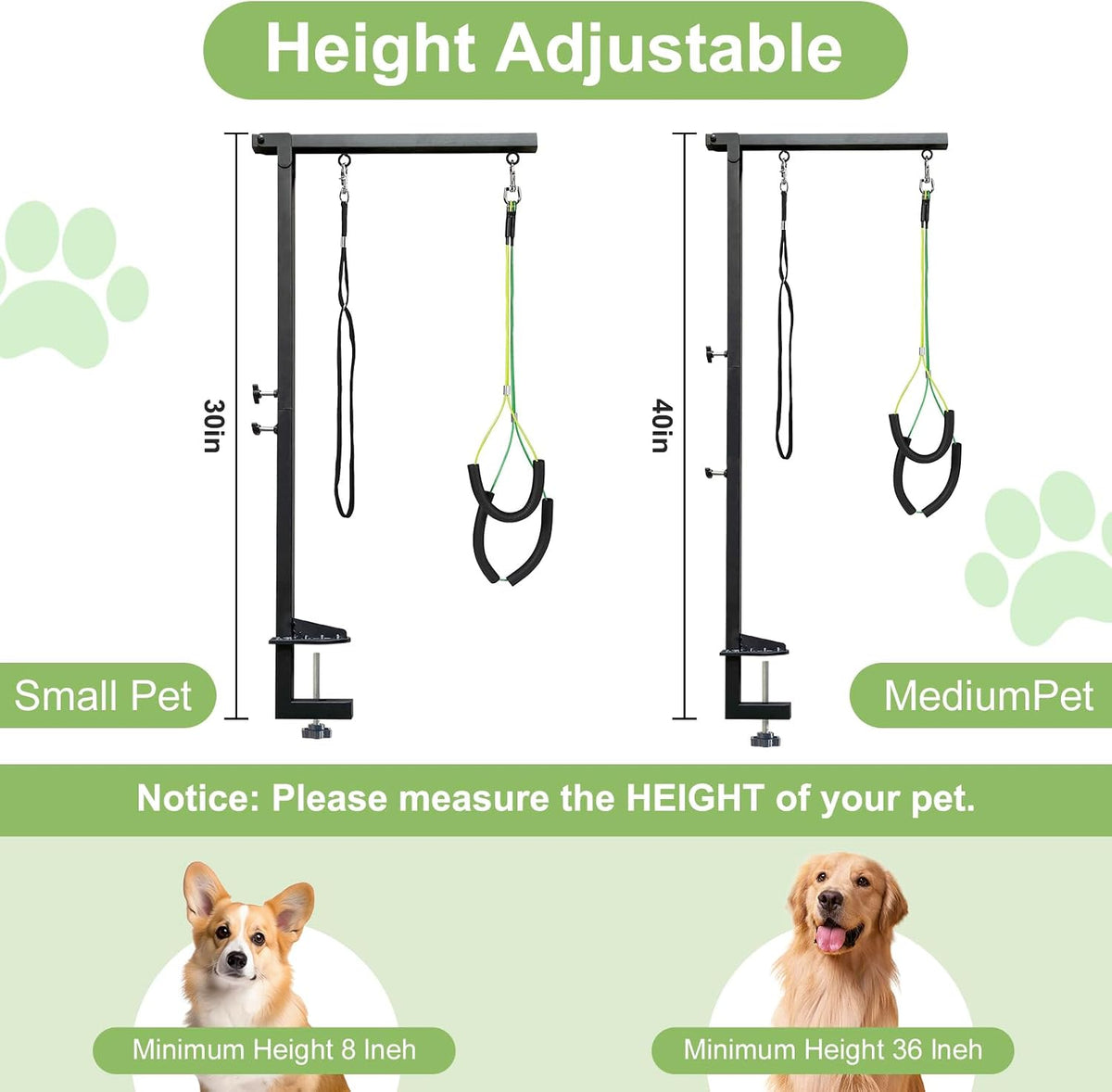 Adjustable height pet grooming stand with metal clamp