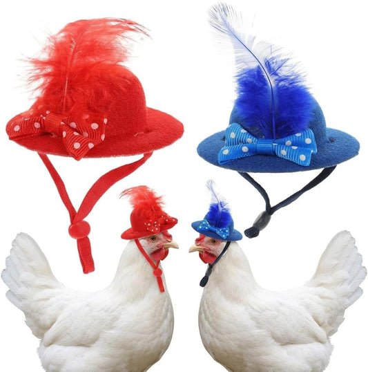 Milisten chicken hats front view showing red mini pet costume cap with bow tie