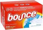 Bounce dryer sheets 240 count box showing anti static benefits