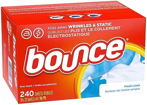 Bounce dryer sheets 240 count box showing anti static benefits