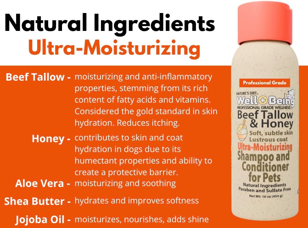 Nature's Diet Well-Being moisturizing shampoo for cats and dogs professional grade grooming.