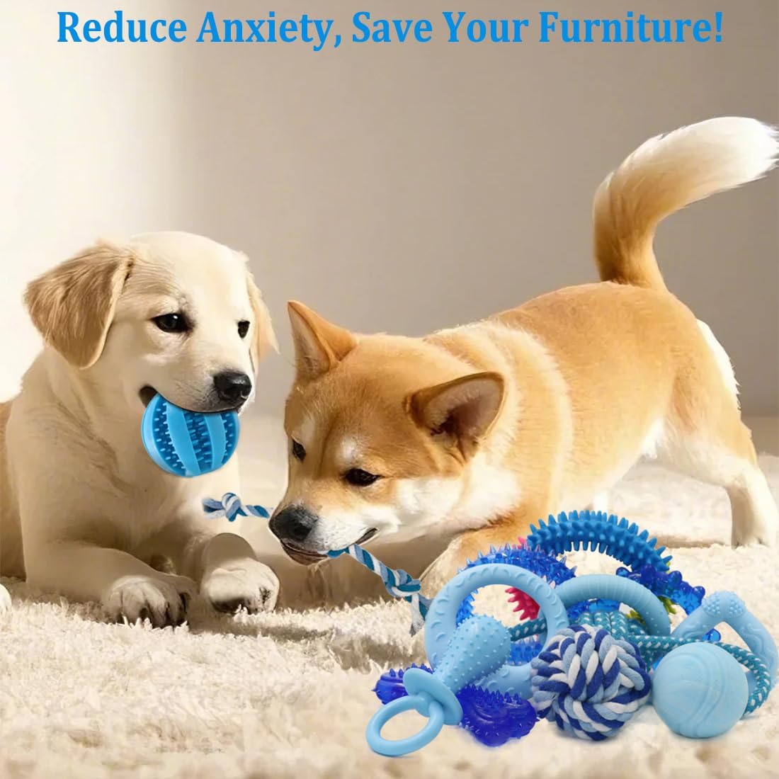 Puppy engaging with treat dispensing rubber ball toy