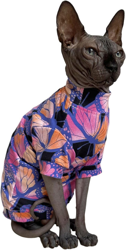 Small Sphynx cat model wearing the butterfly print vest
