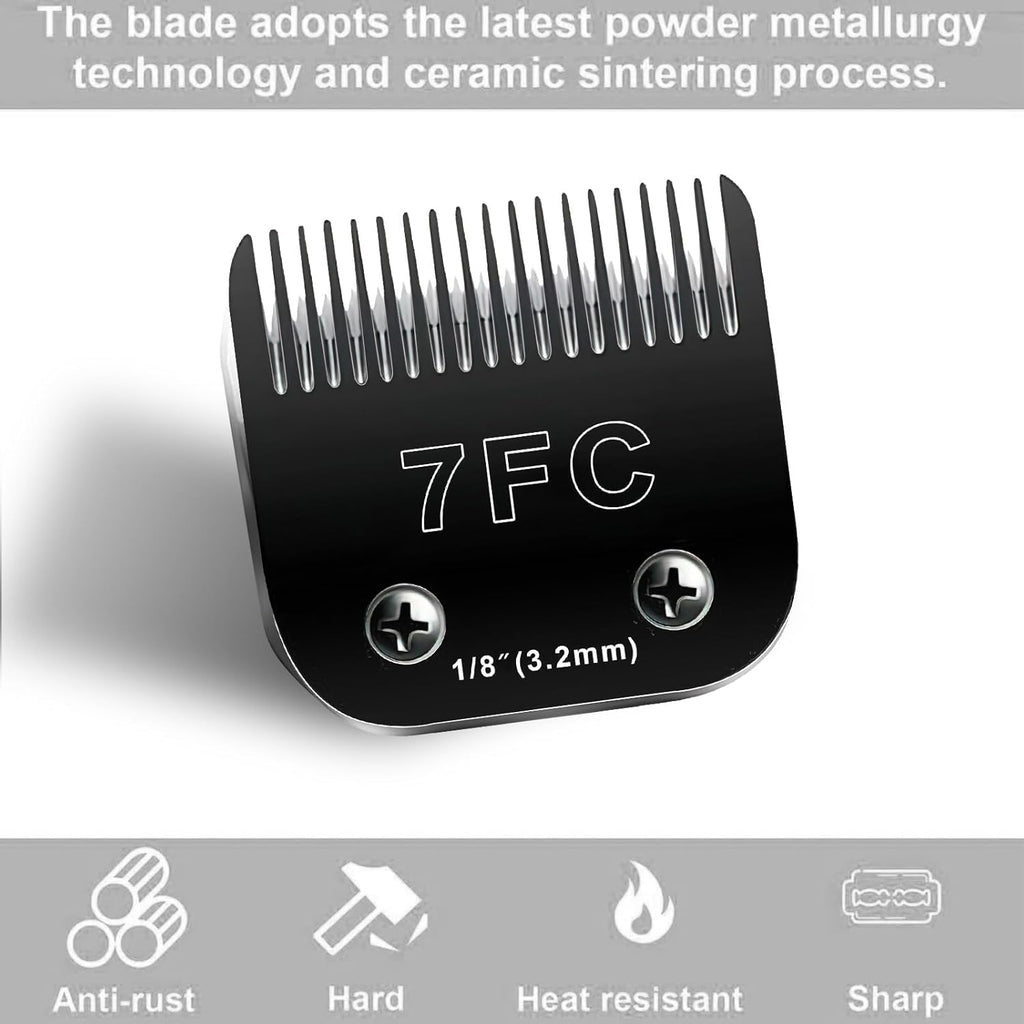 Black detachable ceramic and stainless steel animal clipper blades arranged neatly.