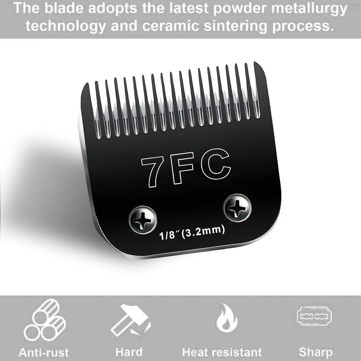 Black detachable ceramic and stainless steel animal clipper blades arranged neatly.