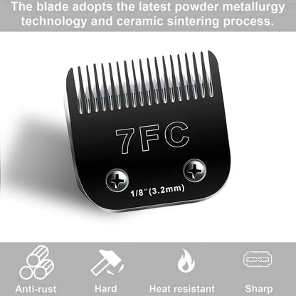 Black detachable ceramic and stainless steel animal clipper blades arranged neatly.