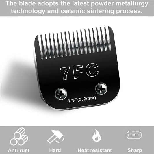 Black detachable ceramic and stainless steel animal clipper blades arranged neatly.