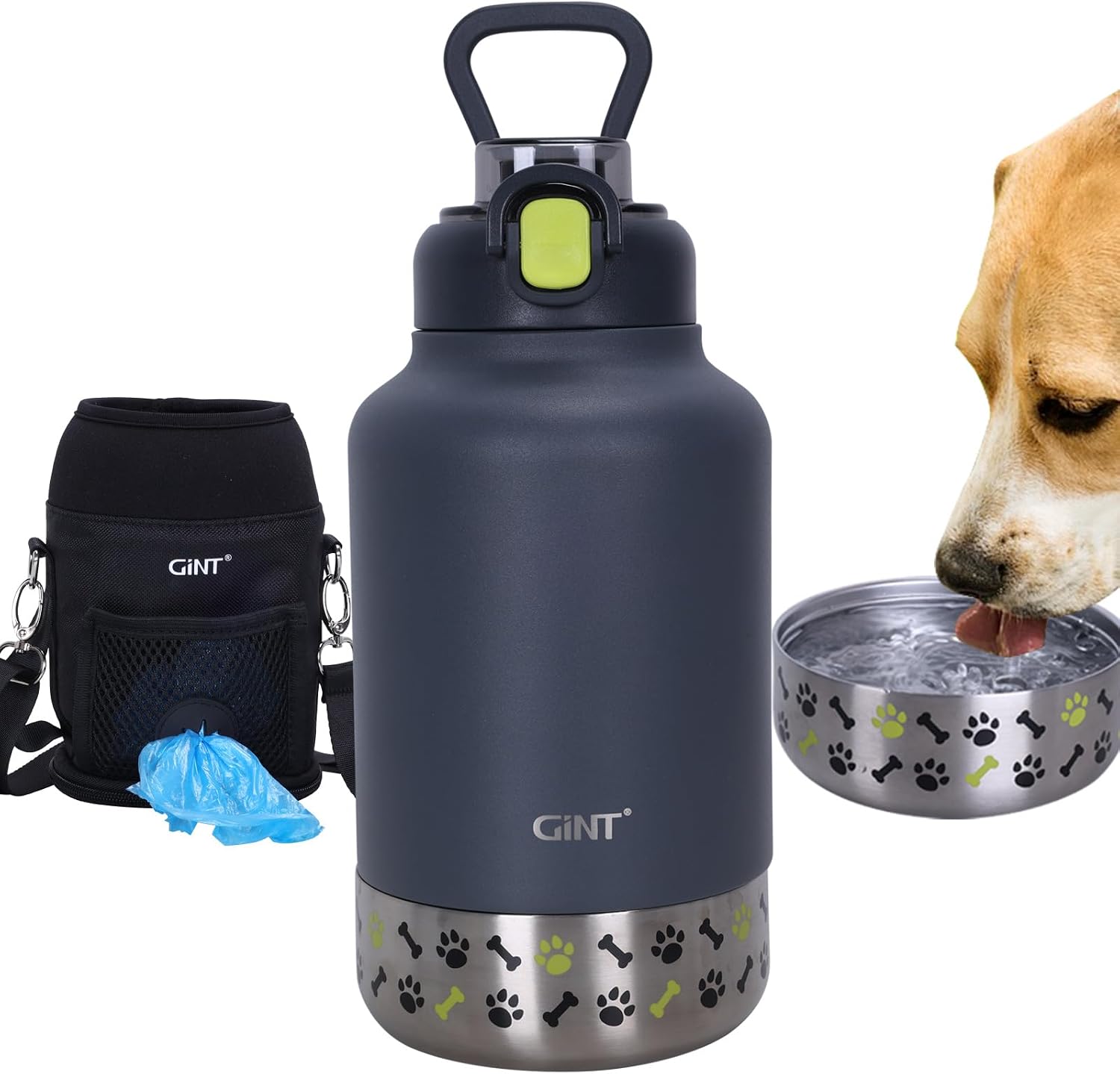 GiNT insulated dog and human water bottle front view showing the dark grey stainless steel body.