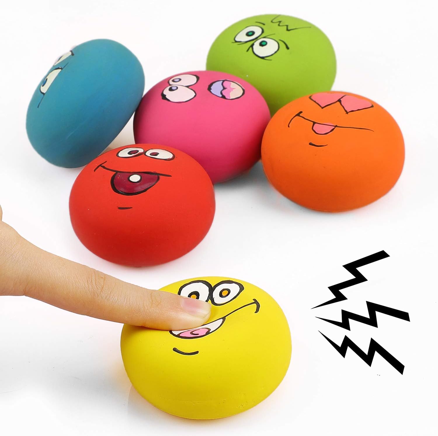 Six pack of non toxic soft latex pet play balls with diverse emoji expressions