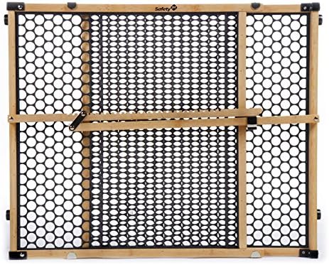Eco friendly bamboo safety barrier showing expanding frame adjustment mechanism from twenty-eight to forty-two inches.