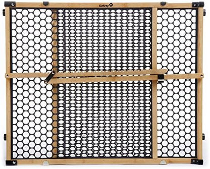 Eco friendly bamboo safety barrier showing expanding frame adjustment mechanism from twenty-eight to forty-two inches.