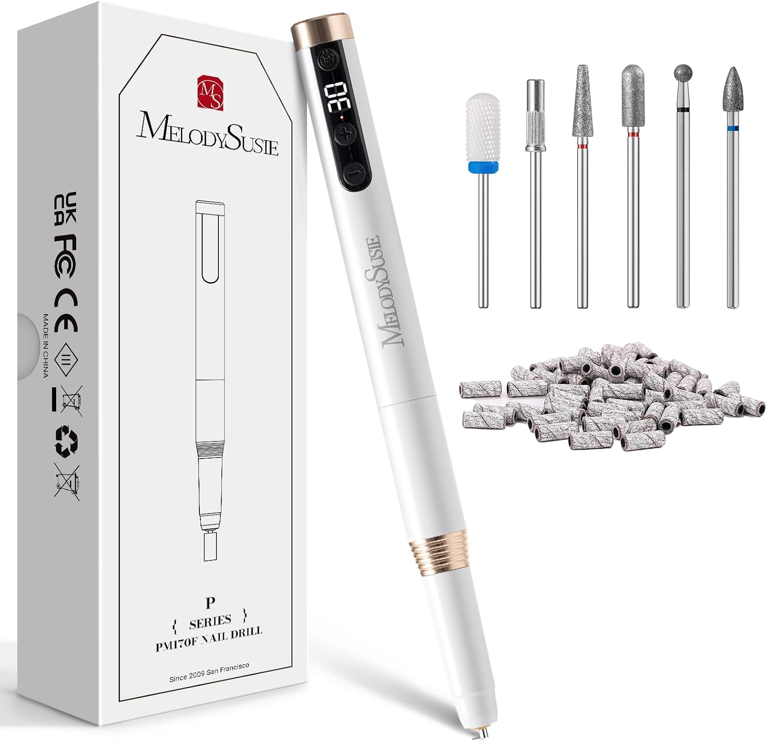 MelodySusie PM170F pen shaped cordless nail drill front view showcasing sleek white metal finish