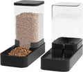 Wefeedy automatic cat feeder and water dispenser set front view showing black gravity bowls