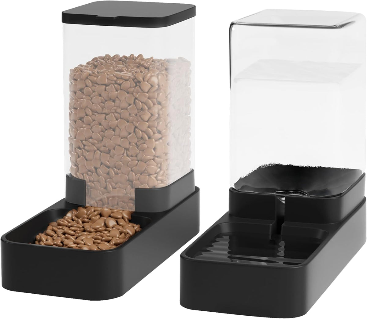 Wefeedy automatic cat feeder and water dispenser set front view showing black gravity bowls