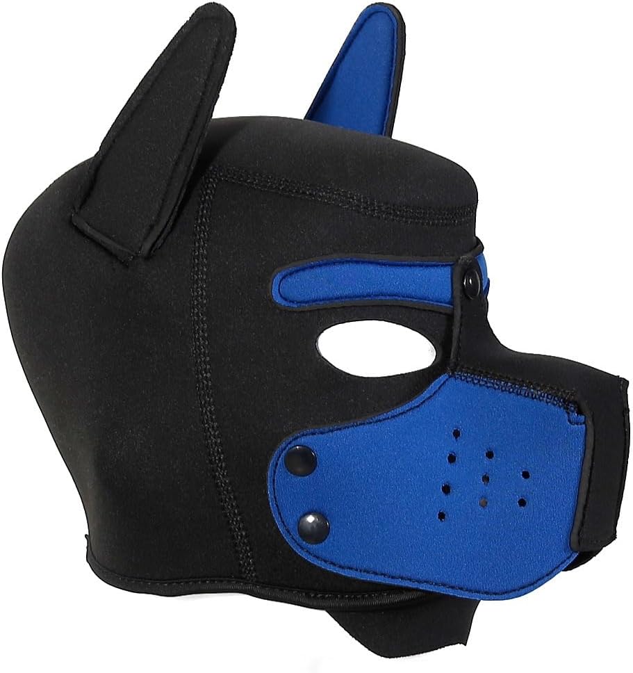 Full face dog mask in blue and black stretchable material