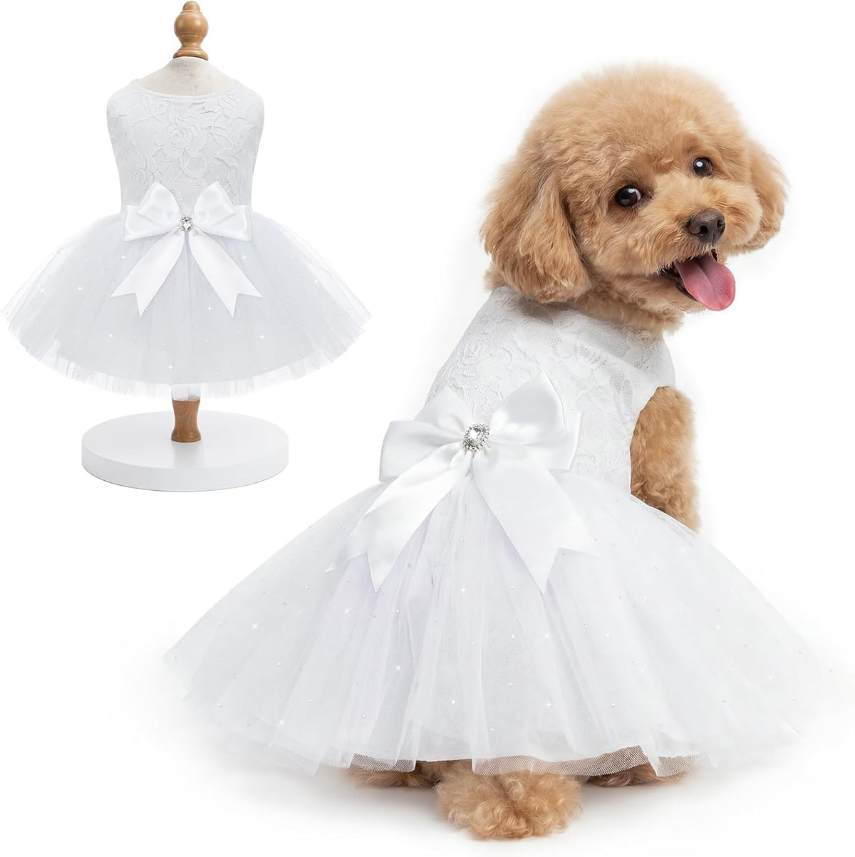 XPUDAC dog dress front view showing white lace bodice on a small female puppy.