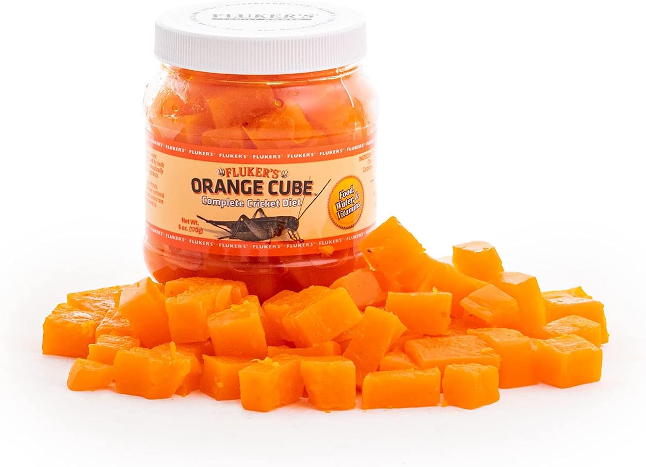 Fluker's Orange Cube Complete Cricket Diet front view of the 6 Ounce jar for reptile feeder insects