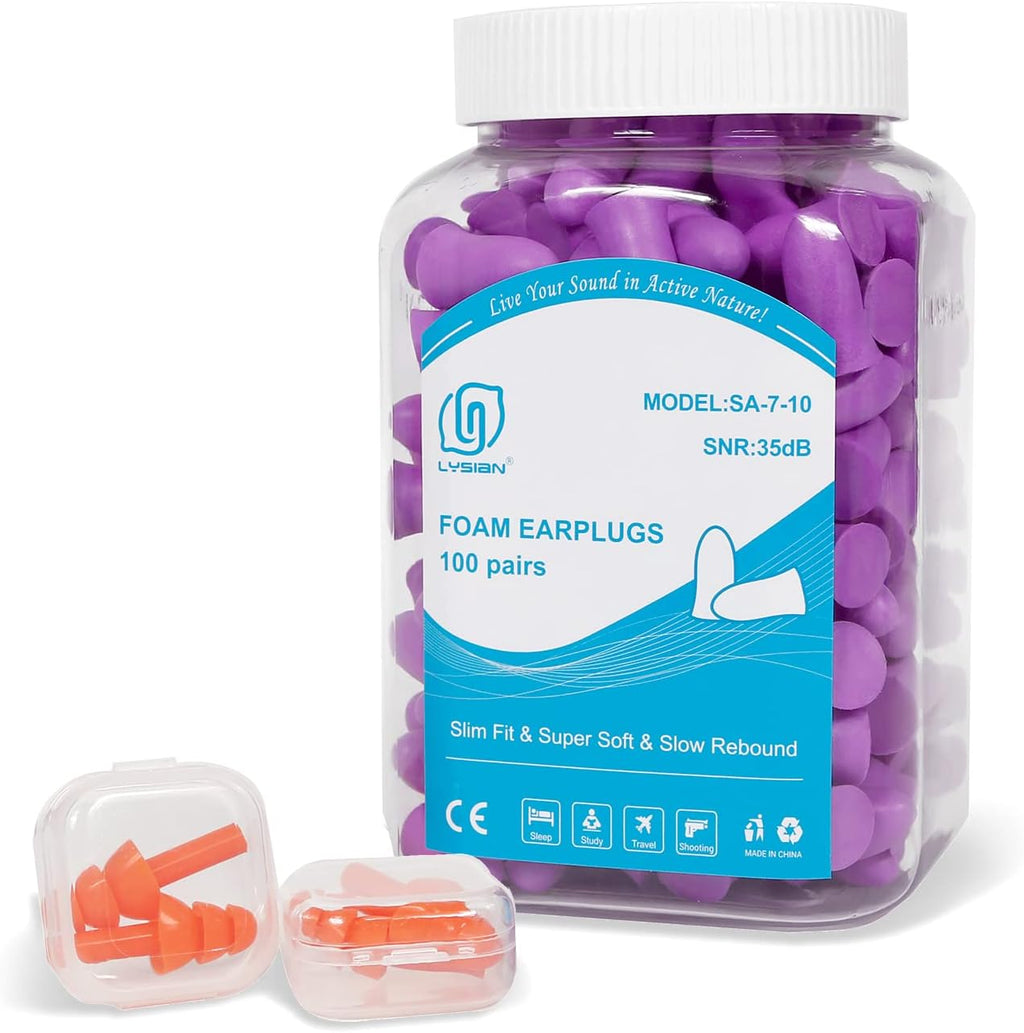 LYSIAN Slim Size Foam Ear Plugs front view of packaging box with purple earplugs for noise reduction.