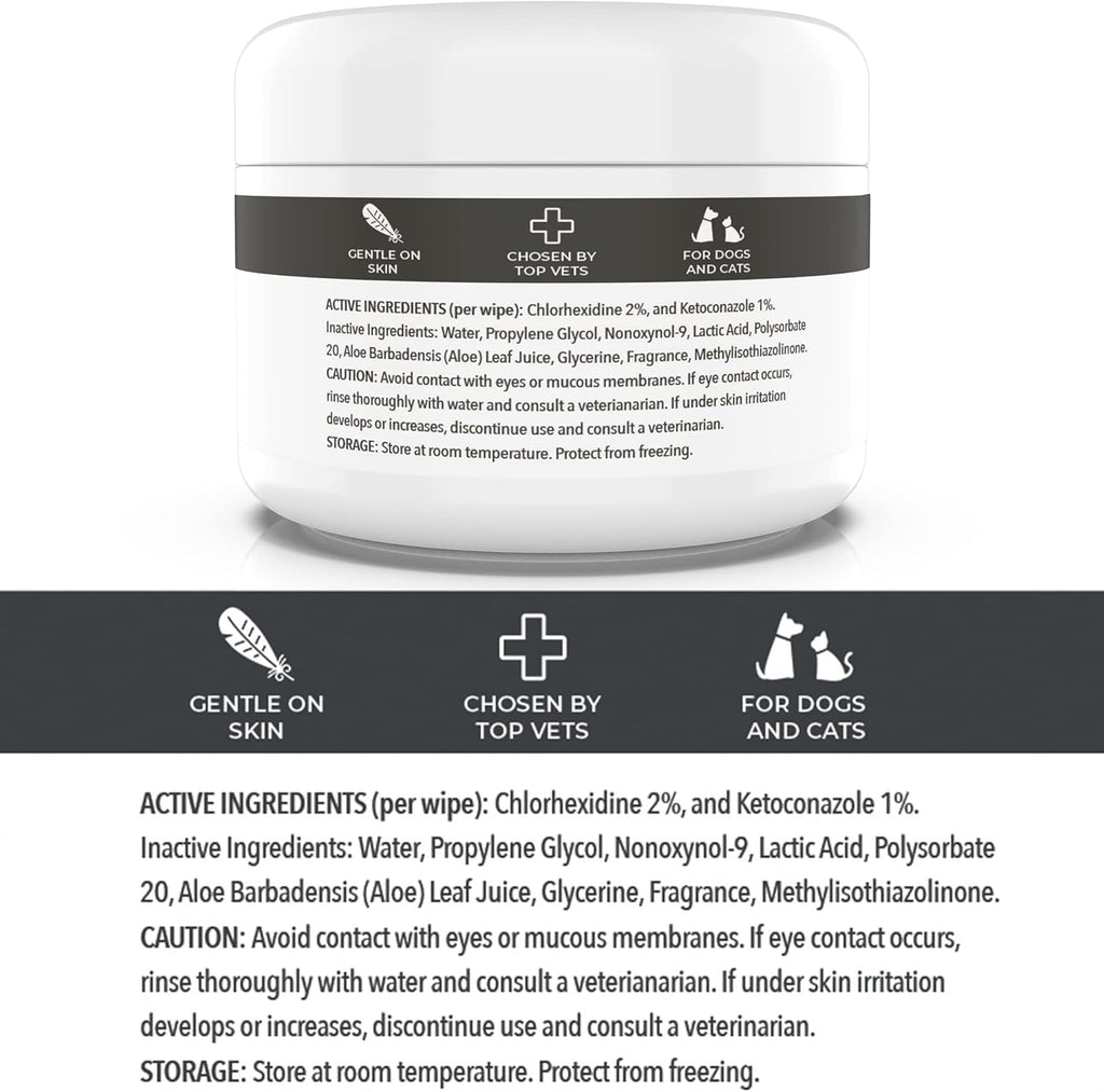 Close up of Smiling Paws Pets antibacterial wipes for cats and dogs skin treatment.