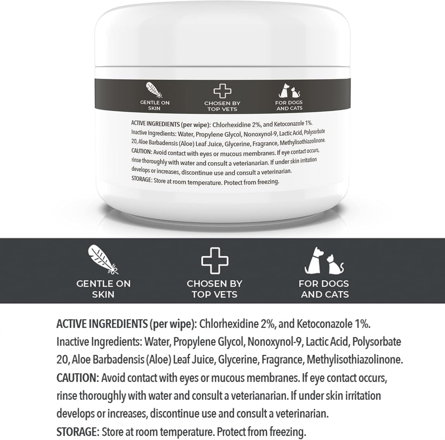 Close up of Smiling Paws Pets antibacterial wipes for cats and dogs skin treatment.