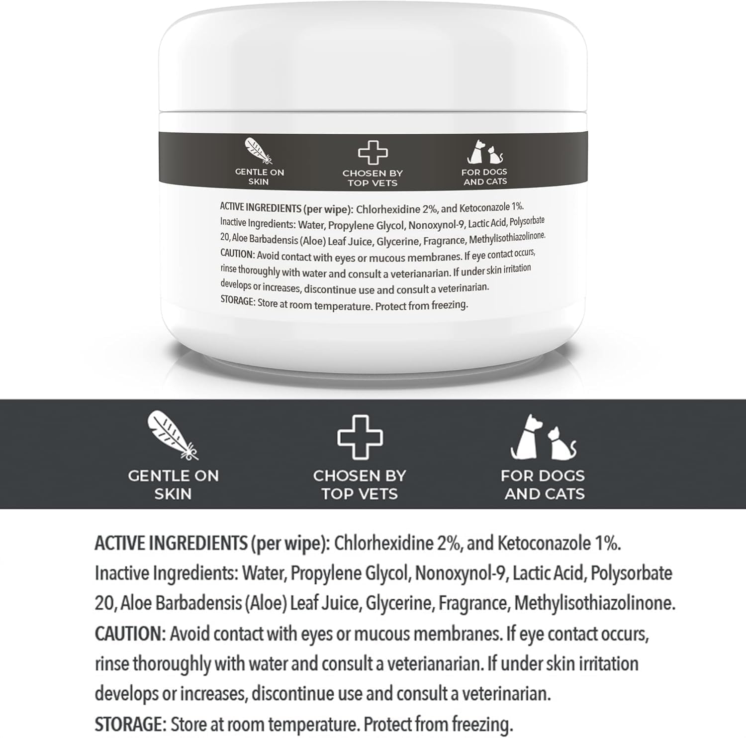 Close up of Smiling Paws Pets antibacterial wipes for cats and dogs skin treatment.